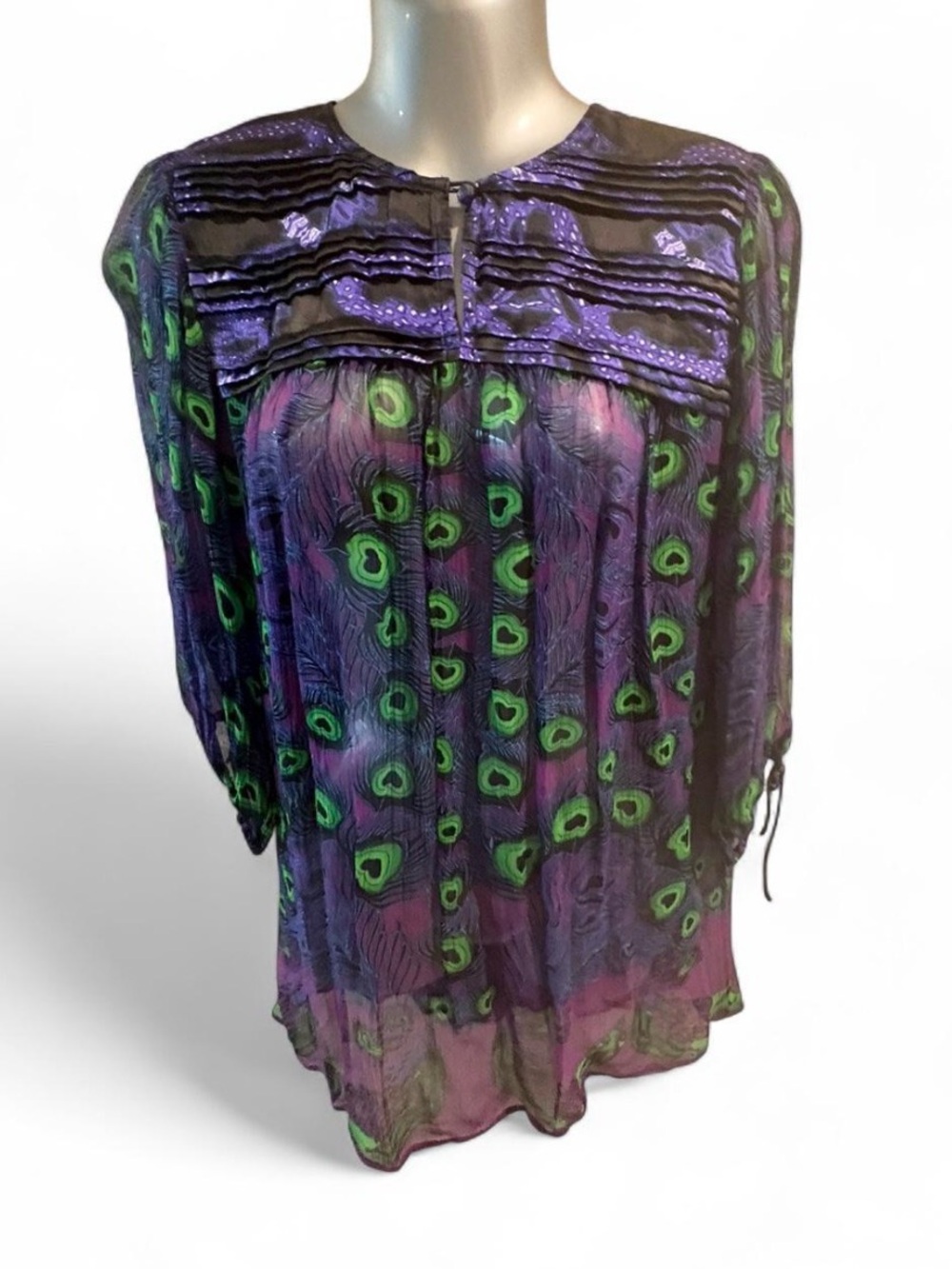 Rare Vintage Custo Barcelona Silk Purple & Green Peacock-Print Sheer Blouse